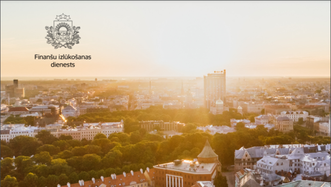 Rīgas centra ainava un Finanšu izlūkošanas dienesta ģerbonis
